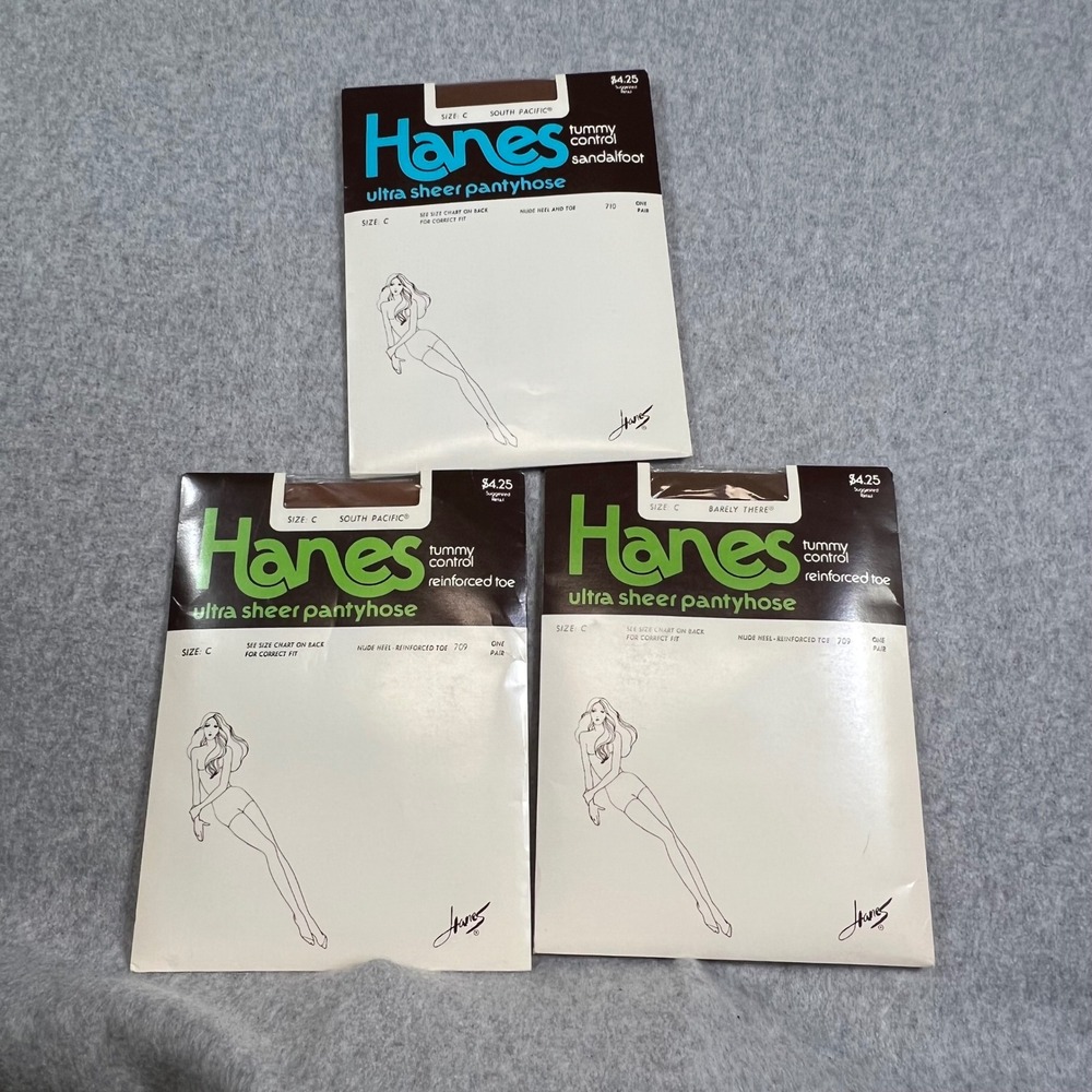 Vintage Lot of‎ 3 1982 Hanes Ultra Sheer Pantyhose Size C Tummy Control 710 719